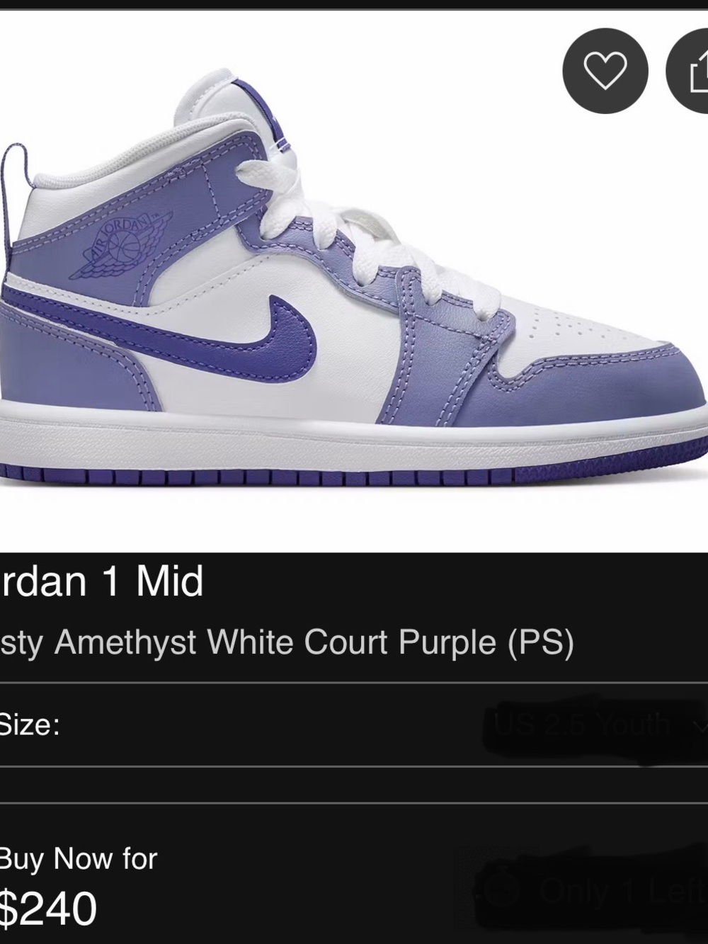 Jordan 1 Mid Kids Sneakers - White & Purple Size 6 Big Kids